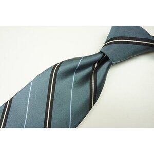 Cesare Attolini Pewter Gray Sky Blue Black Striped 100% Silk Tie BRAND NEW